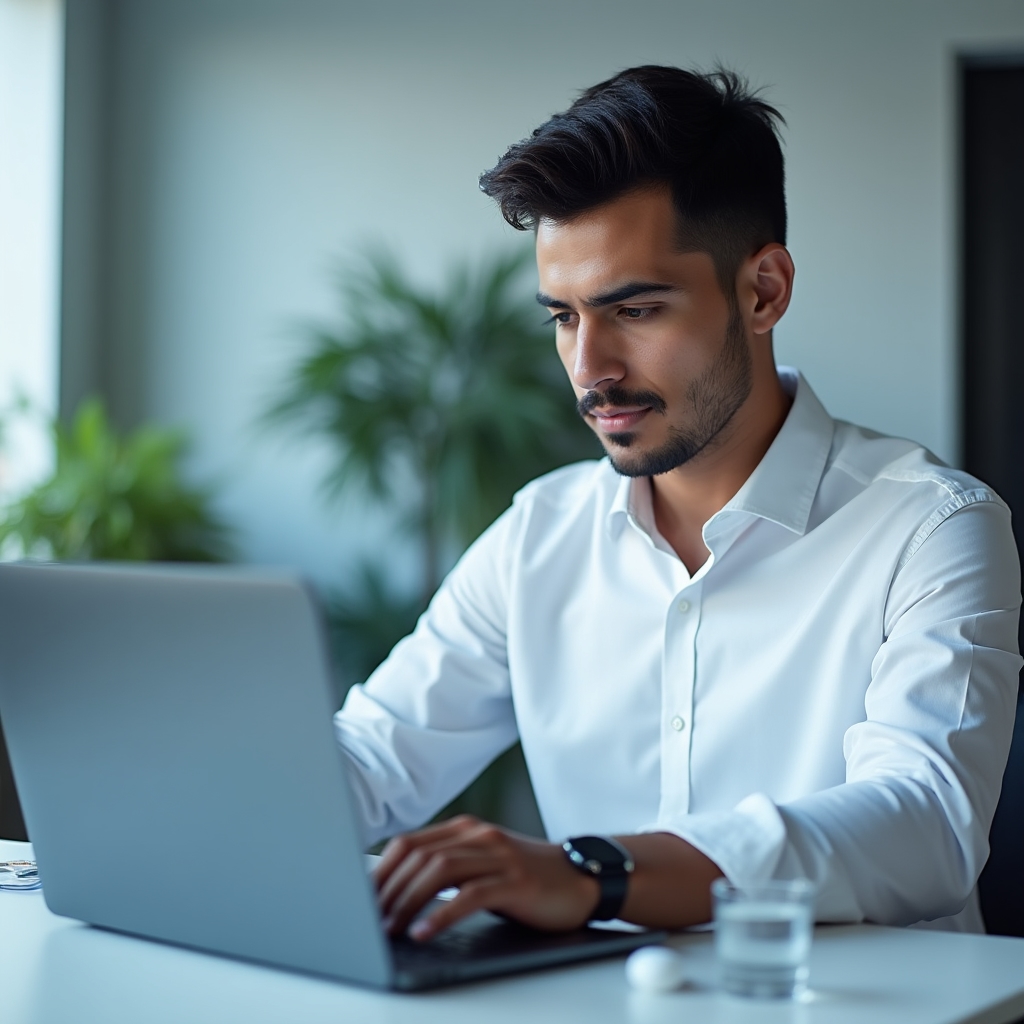 Young professional working remotely on laptop in modern workspace