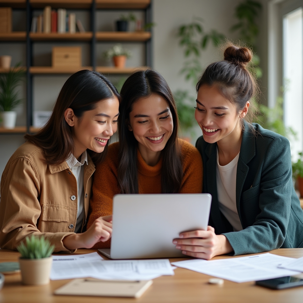 Small group of freelancers collaborating on a project in a shared workspace