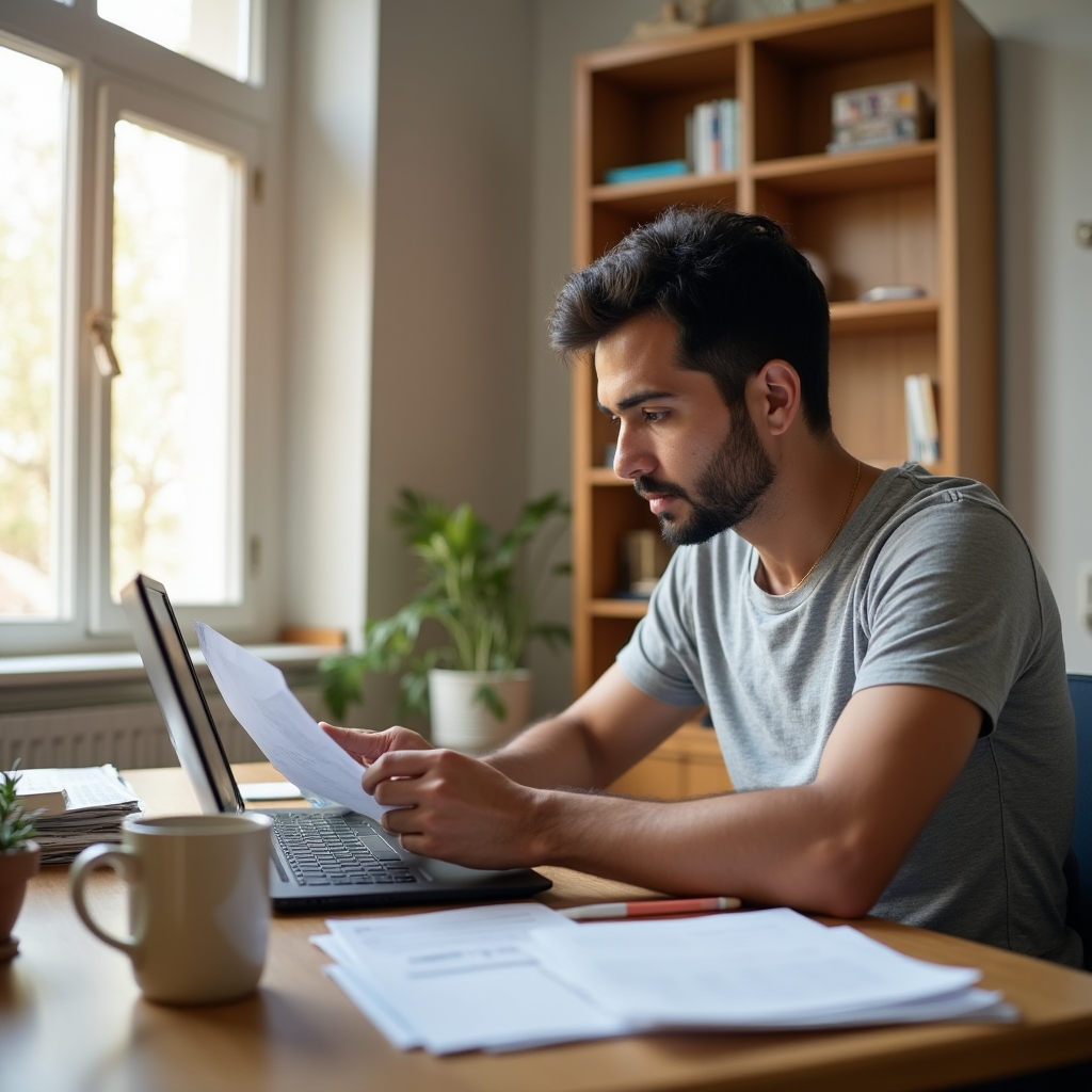 Freelancer working from a home office reviewing pension documents on laptop