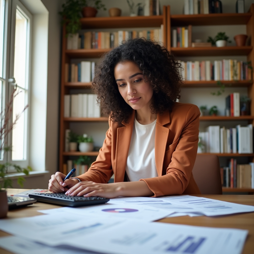 Independent worker reviewing financial documents at organized home office desk
