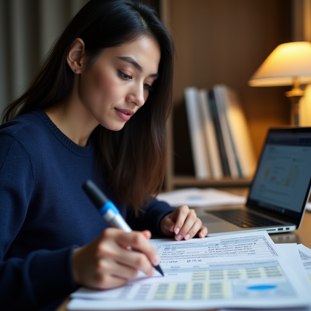 Person reviewing pension account statements and retirement planning documents